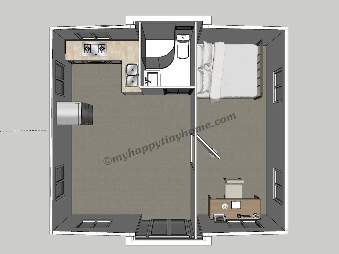 Customizable layout of 20ft expandable container home with 1 bedroom, kitchen, and bathroom