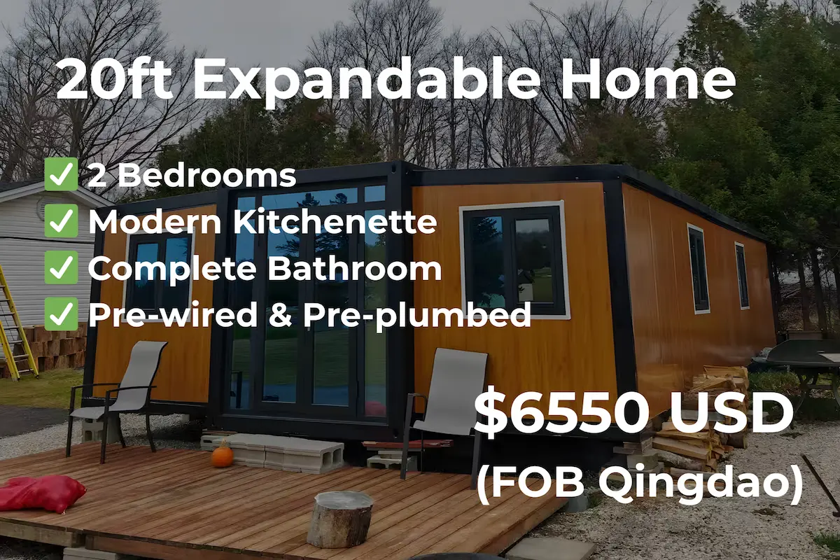 Affordable 20ft expandable container home with 2 bedrooms, kitchen, bathroom, pre-wired and pre-plumbed