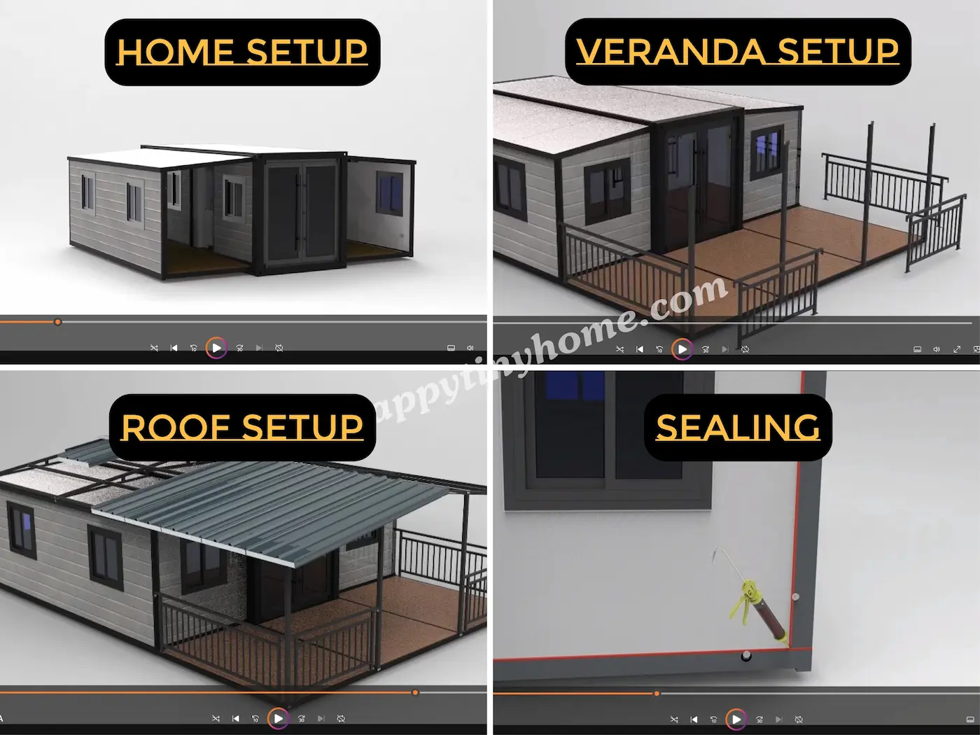Images from our installation videos showing how to assemble, seal, and add terrace and roof to an expandable prefab home