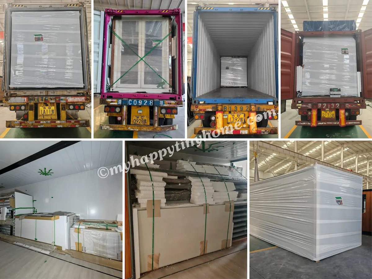 Expandable container homes being packed and loaded into a shipping container for international delivery