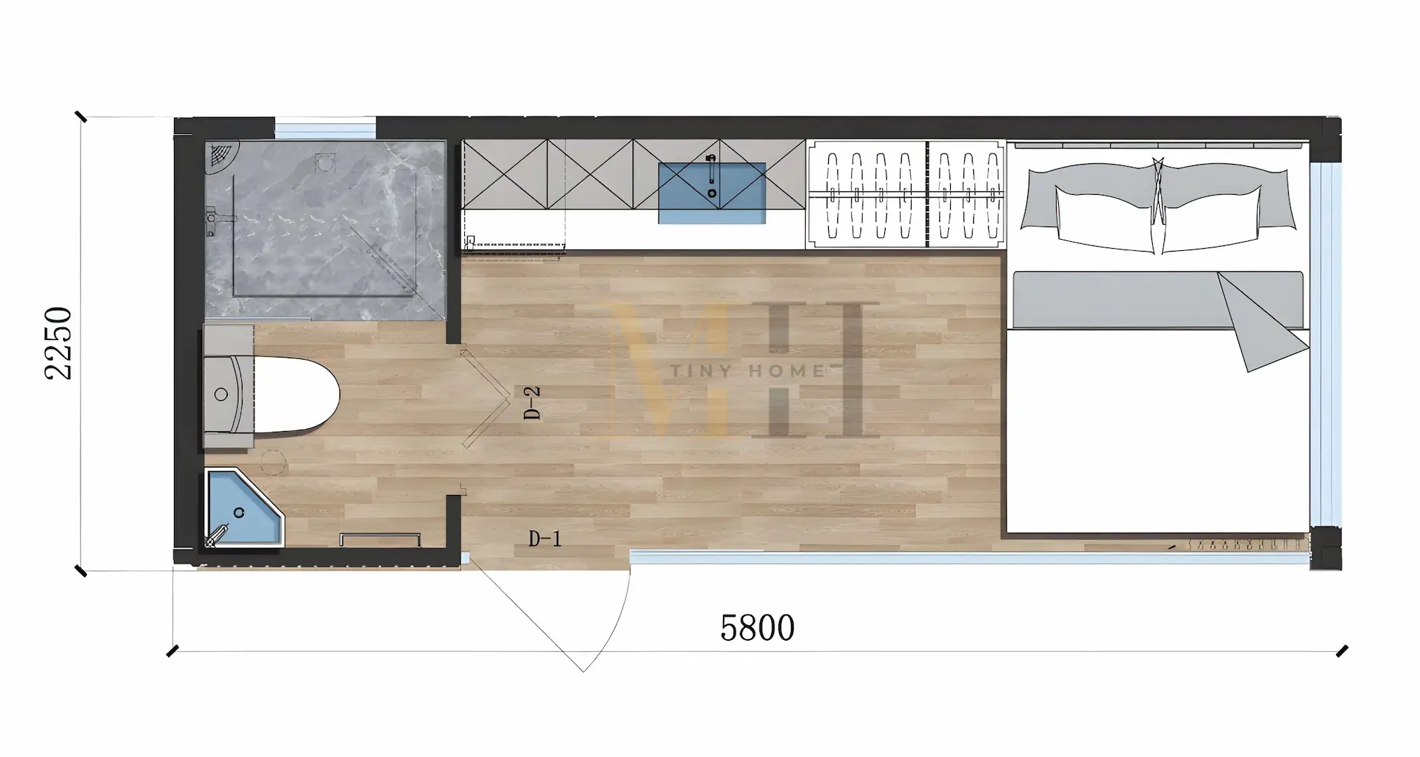 Floor plan of 20ft compact pod with 1 bedroom, kitchen, and bathroom